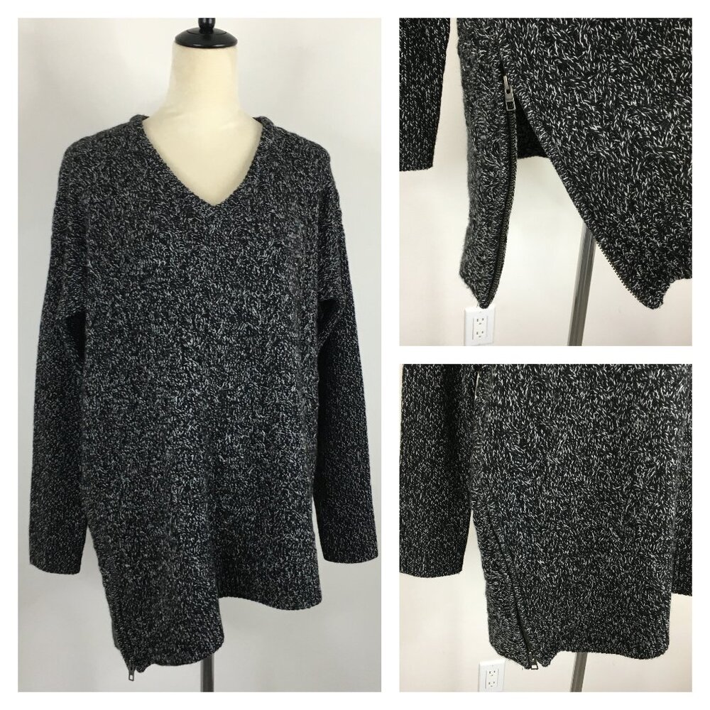 ATHLETA Black White Specks Wool & Cashmere Knit Zip Asymmetric Hem Sweater